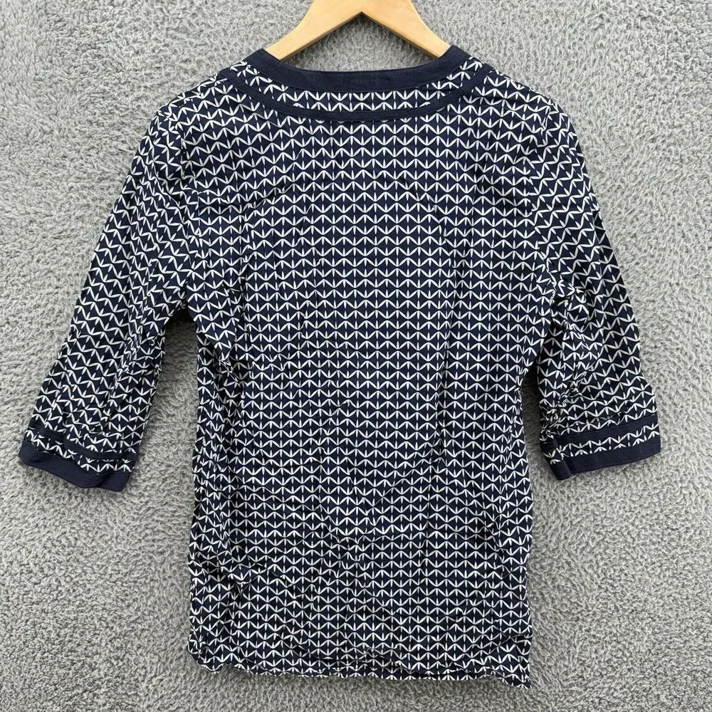 J Crew Womens Small Retro Boho Geometric V-Neck Tunic 3/4 Sleeves Navy White‎